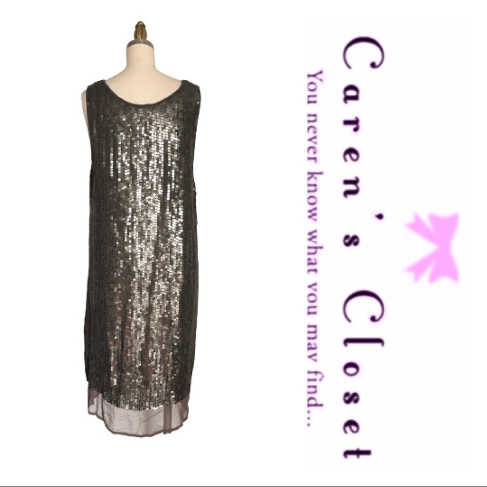 Gold Hawk Gray Sequin  Silk Sleeveless Shift Dress - Picture 3 of 8